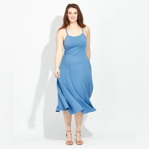 Pact Fit & Flare Midi Dress Sleeveless Racerback Built In Bra Cotton Blue Large - Picture 1 of 11